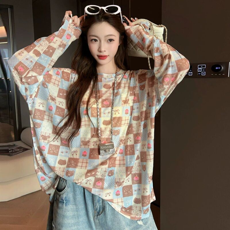 Mesh Semi-Transparent Sun Protection Long-Sleeved T-Shirt for Women Summer Loose Casual Seaside Beach Vacation Cover-Up Swimsuit Top Mesh Semi-Transparent Sun Protection Long-Sleeved T-Shirt for Women Summer Loose Casual Seaside Beach Vacation Cover-Up Swimsuit Top