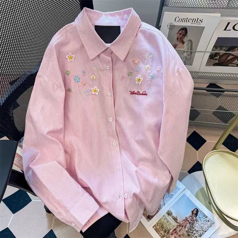 Pink Striped Floral Embroidered Loose Shirt Jacket for Women, Spring and Autumn Korean Style, Super Pretty, Thin Long-Sleeved Top