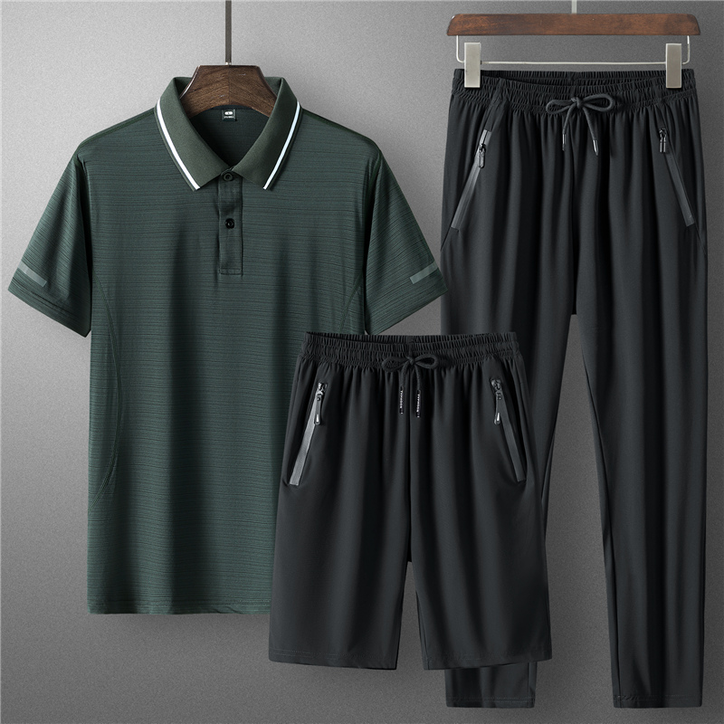 Summer Sports Suit Men's Dad Summer Clothing POLO Shirt Ice Silk Speed Dry Clothes Mid Aged Short Sleeve Long Pants Three Sets