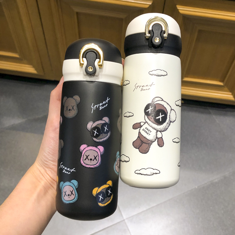 Thermos cup Female ins cute bear couple portable cup Korean style personality pop lid straight drinking cup student