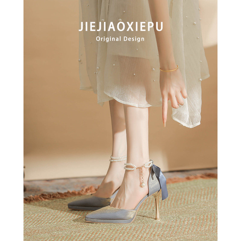 Fairy Wind Fit Skirt High Heel Sandal Women Fine Heel Cingulum Pearl Butterfly Knot Pointed Waterproof Desk Single Shoes-Taobao