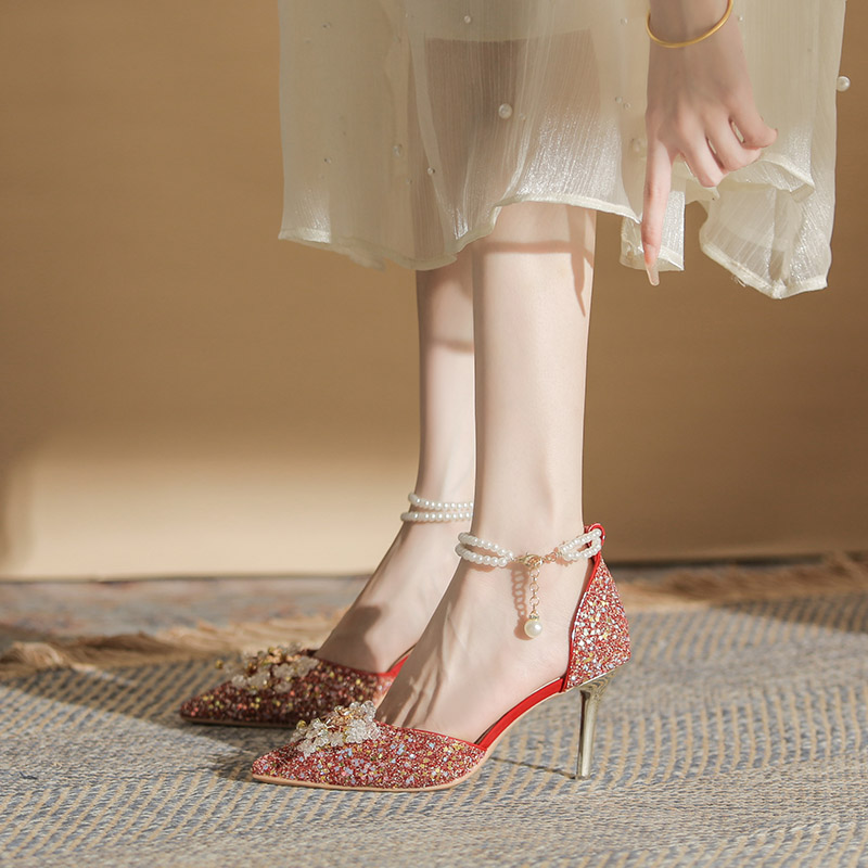 Fan-style high heels female 2023 new show and wedding dress crystal pearl flowers fine with Chinese red bridal shoes-Taobao