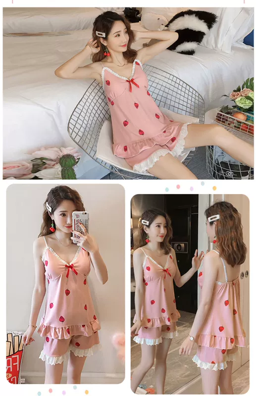 Bộ đồ ngủ có đệm ngực phụ nữ mùa hè mỏng rộng rãi quần đùi áo yếm sexy Bộ đồ hai mảnh hàn quốc - Bộ Pajama