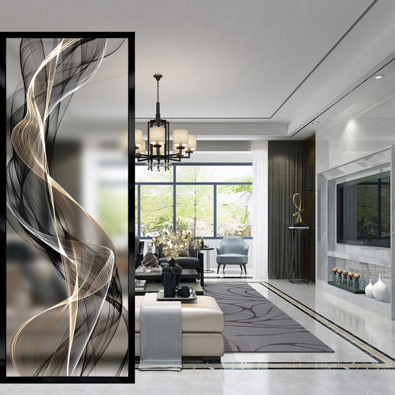Black grain golden feather simple modern art glass entrance translucent kitchen living room screen partition Tempered frosted background