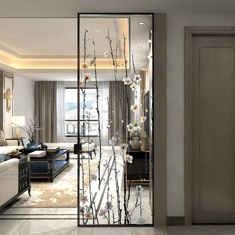 Art glass partition frosted carved tempered engraved glass screen custom home entrance living room translucent light luxury