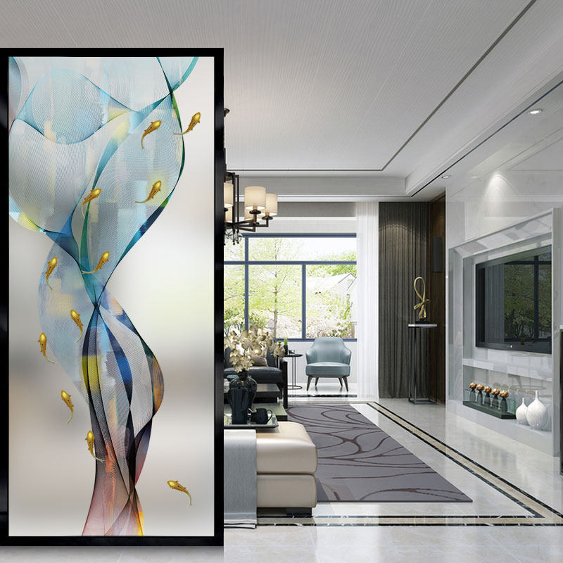 Customize modern minimalist art glass partition screen frosted light transmission Xuanguan Living room Carved Nip Silk Glass Partition