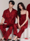 ສີແດງ ice silk pajamas wedding newlyweds suit women summer sexy suspenders men short-sleeved trousers home clothes