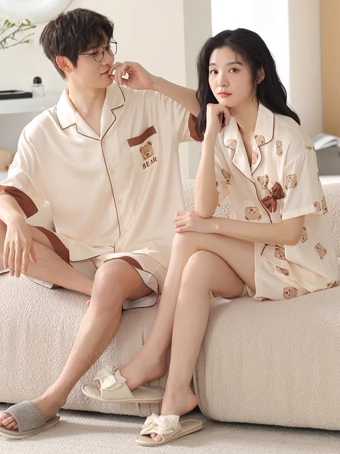 ຄູ່ນອນ Pyjamas ແມ່ຍິງ Summer Ice Silk ສັ້ນເສອແຂນສັ້ນ Set Cool Silk Cardigan 2026 New Men's Home Clothing