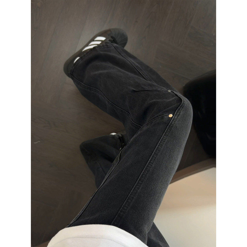 Black Studded Diagonal-Cut Flared Jeans for Men, Cleanfit Trendy Brand Washed Straight-Leg Pants with a Deconstructed Design