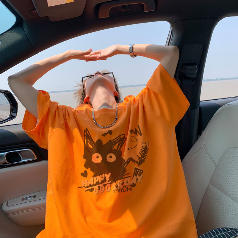 Dopamine-Style Outfit: Orange T-Shirt for Men, Heavyweight Pure Cotton, Bright Yellow Candy-Colored Short-Sleeve, American-Style Couple's Half-Sleeve