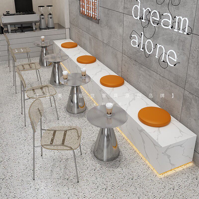Net red ins milk tea shop dessert small eating shop stainless steel table and chairs combined coffee hall stool round pier leaning against wall cassette