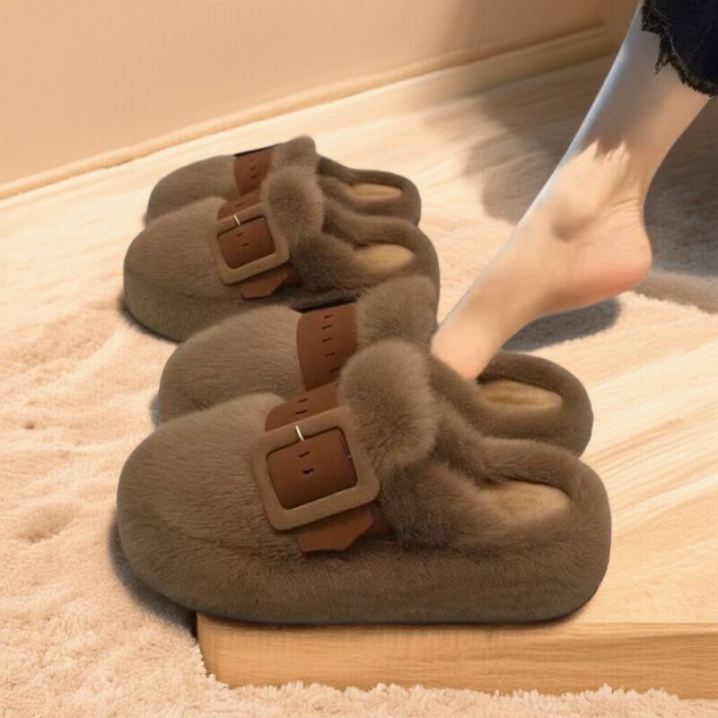 Brand Shoes, Furry Slippers for Women, 2025 New Autumn and Winter Outdoor Wear, Thick-Soled, Closed-Toe, Fleece-Lined, Soft-Soled, Non-Slip, Maternity Cotton Slippers