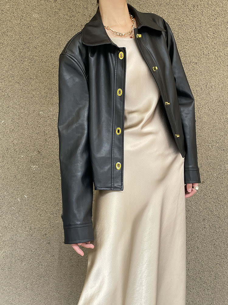 товар из китая masa法式小金扣翻领皮衣外套短设计感小众2022秋休闲酷飒机车外套 OTHER
