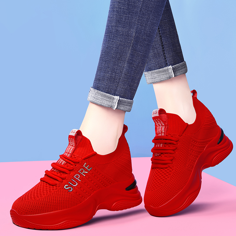 2026 New Spring and Summer Bright Red Height-Increasing Women's Shoes, Fly-Knit Breathable Dance and Walking Casual Sports Shoes, Trendy Shoes