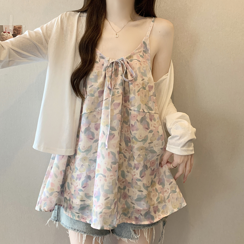 Plus Size 2026 New Summer Fashion Versatile Floral Print Camisole with Sun Protection Cardigan Two-Piece Set for Women