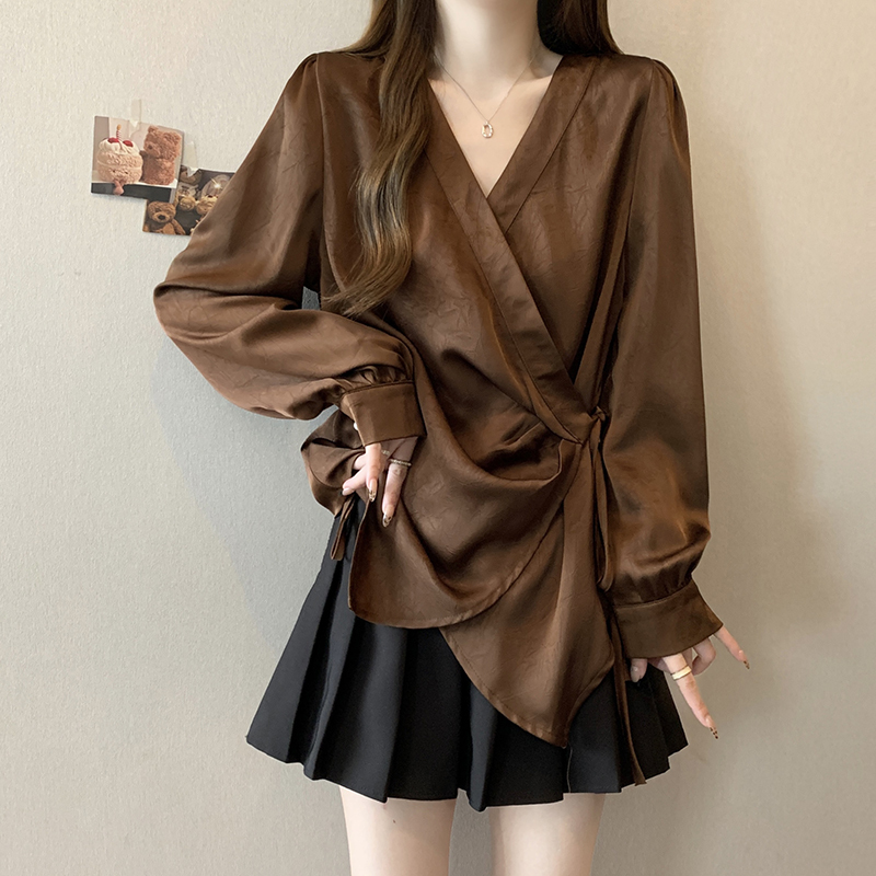 Plus-Size Cross V-Neck Satin Long-Sleeve Shirt for Women, Autumn, Slimming Waist, Versatile, Irregular Tie-Up Top