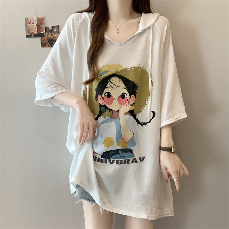 Plus Size Sweet Cartoon Print Hooded Short-Sleeved T-Shirt for Women in Summer, Loose Mid-Length Top That Covers the Buttocks for Fat Girls Plus Size Sweet Cartoon Print Hooded Short-Sleeved T-Shirt for Women in Summer, Loose Mid-Length Top That Covers the Buttocks for Fat Girls