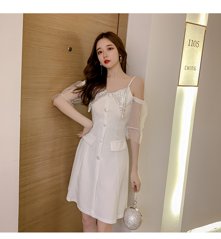 VK旗艦店 韓系性感名媛氣質一字領吊帶裙短袖洋裝