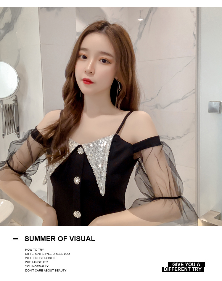 VK旗艦店 韓系性感名媛氣質一字領吊帶裙短袖洋裝