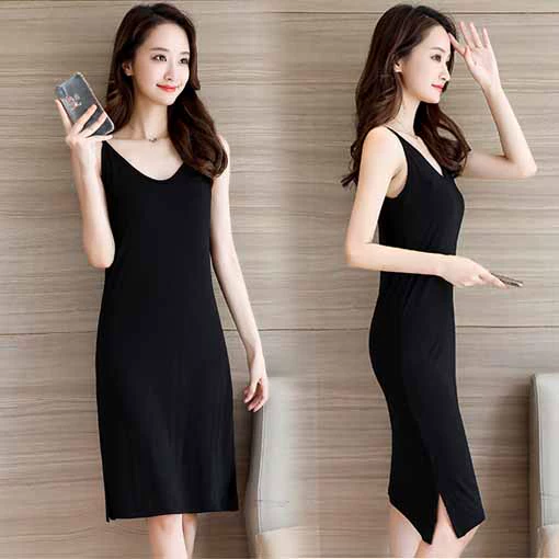 Khí hậu mùa hè của phụ nữ mới vest vest đình chỉ Slim mid dài màu đen gợi cảm bên trong cơ sở váy bên khe - Cộng với kích thước quần áo