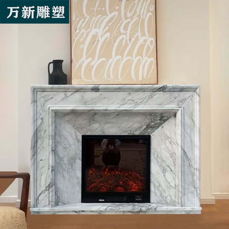 Natural Marble French-Style Fireplace, Large White Stone, Modern Minimalist American-Style Stone Carving, Stone Fireplace Frame Decorative Cabinet