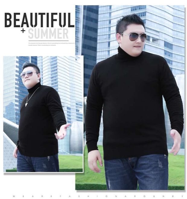 Fat anh trai mã lớn thương hiệu áo len đáy quần béo cộng với phân bón để tăng chất béo sweater áo len cotton cổ cao màu đen ao len nam