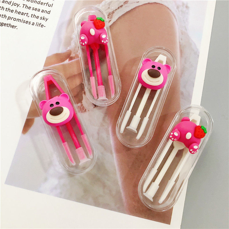 Cute Strawberry Bear Wearing Contact Lenses Clip Tweezers Portable Color Contact Wearer Suction Stick Suction Cup Storage Box Accessories