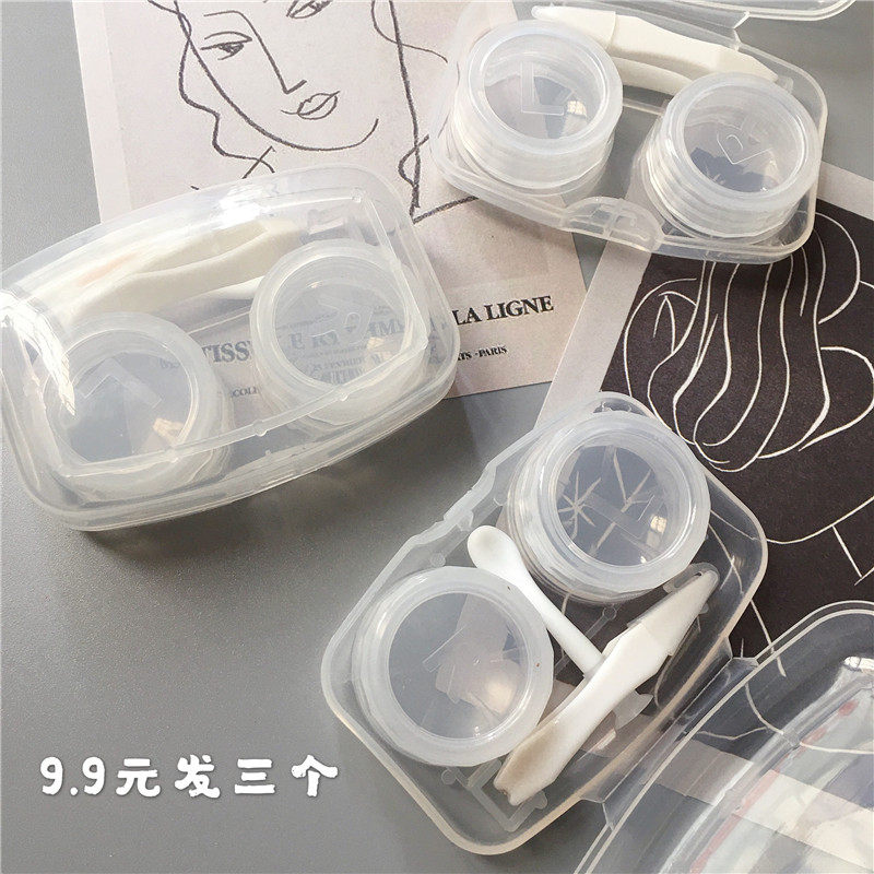 Simple contact lens case ins personality portable transparent beauty pupil box 9 pieces 9 hair three storage boxes