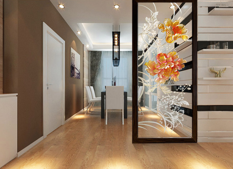 Modern minimalist art glass background wall screen partition living room decoration porch background carving rich peony