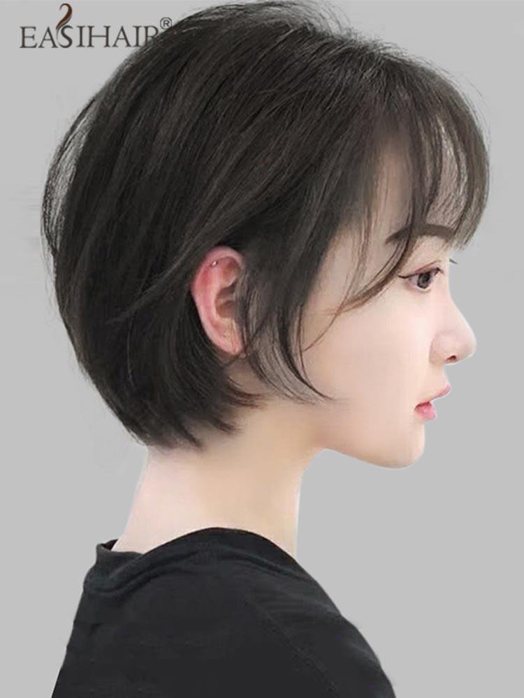 Wig Women's short hair round face bobble head full real natural wig set Women's real human hair full head cover type