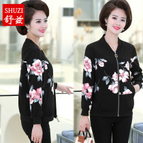 Mom Spring and Autumn Dress Collar Thin Coat Short for Middle-aged and Elderly Womens Print Jacket