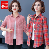 Mom Autumn Dress Long Sleeve Plaid Shirt Mid-Aged Woman Casual Shirt T-shirt Tshirt Undershirt Cardiovert Cardiovert