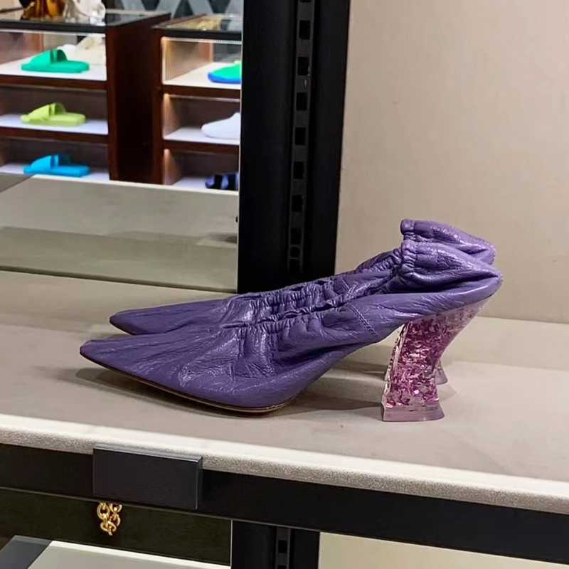 Soft-Soled Non-Slip Purple High-Heeled Shoes with Crystal Chunky Heels, Shallow Square Toe, Elegant Retro Style Genuine Leather Single Shoes, Witch Shoes