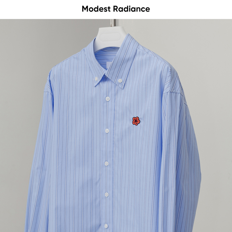 Mr Studio Capri Blue Stripesd Yarn-Dyed Cotton Flower Embroidered Long-Sleeved Shirt for Men and Women, Same Style 8569
