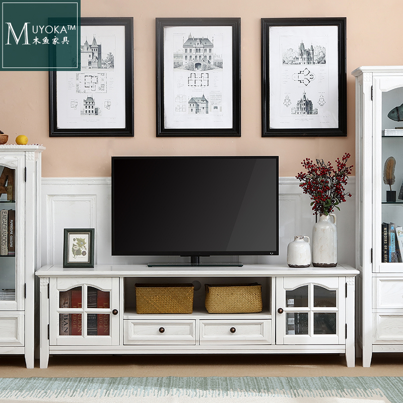 American countryside white wax wood living room TV cabinet combination solid wood TV cabinet low cabinet white retro simple and beautiful wind furniture-Taobao