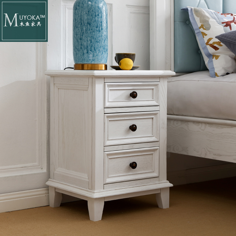 American Countryside White Wax Wood New White 45 Cm Three Drawers Bed Head Cabinet Bedroom Bedside Cabinet-Taobao