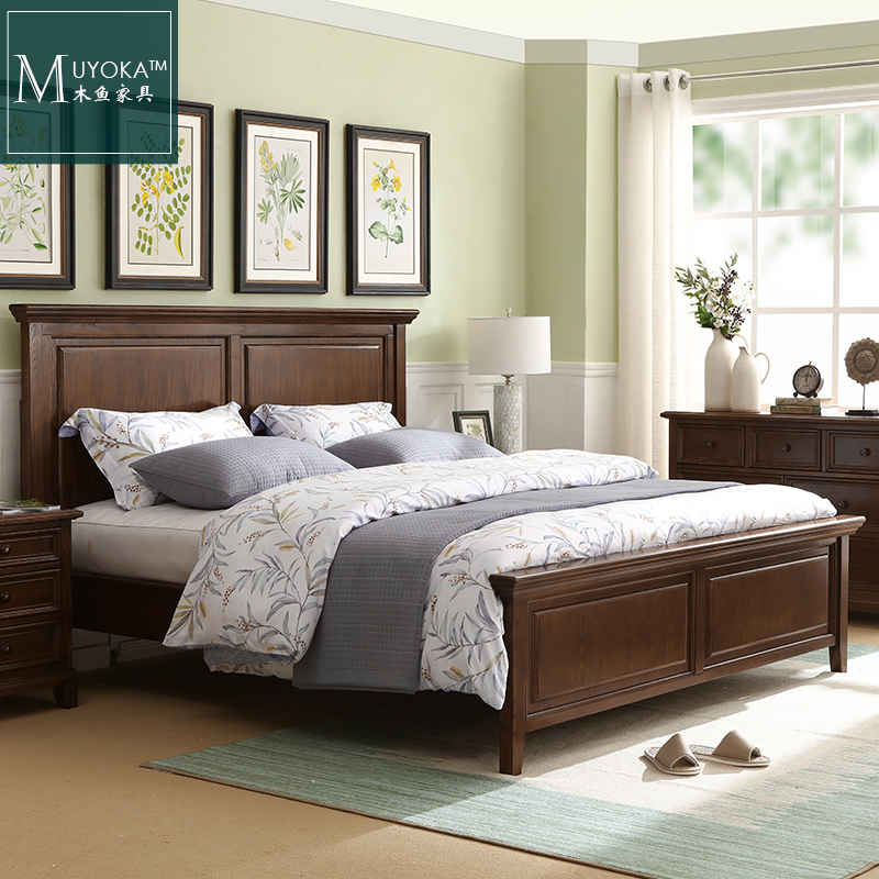 American Countryside White Wax Wood Walnuts Color Retro Bedroom Flat Head Bed Classic Double Bed