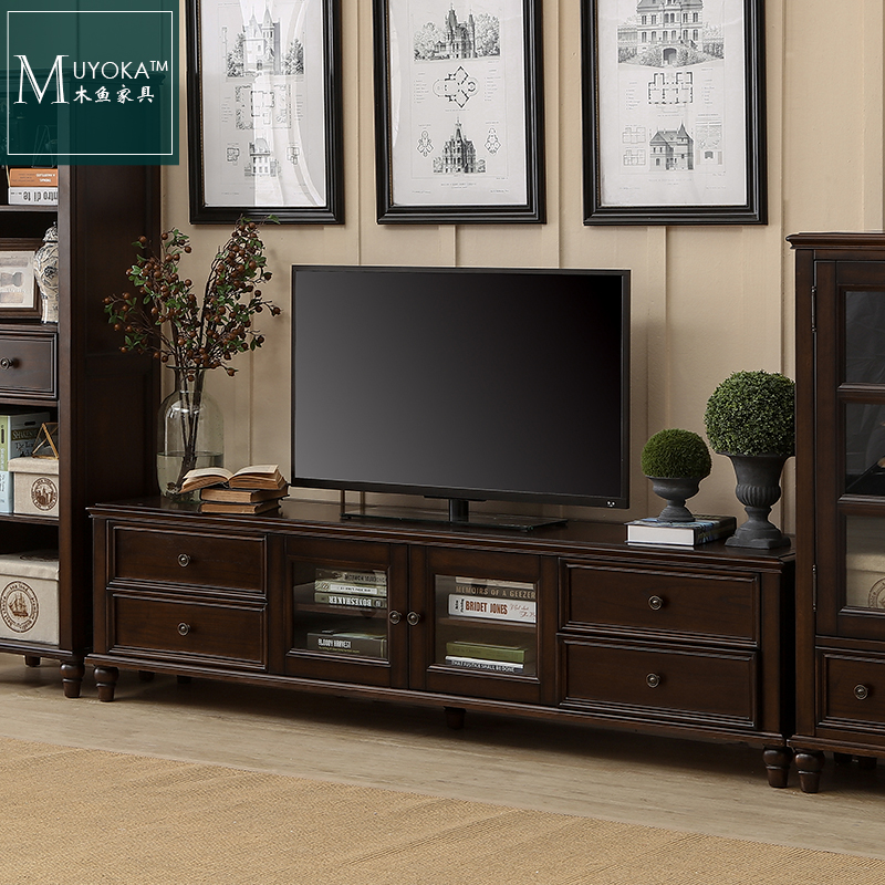 American TV Cabinet Peach Blossom Heart Wood American Countryside Solid Wood TV Cabinet Tea Table Combined Black Walnuts American Furniture
