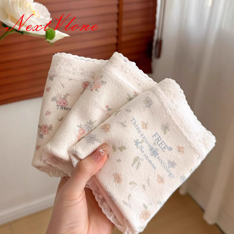 British Lmkl French Garden Diary Cute Floral Women's Underwear Pure Cotton Antibacterial Crotch Triangle Panties White