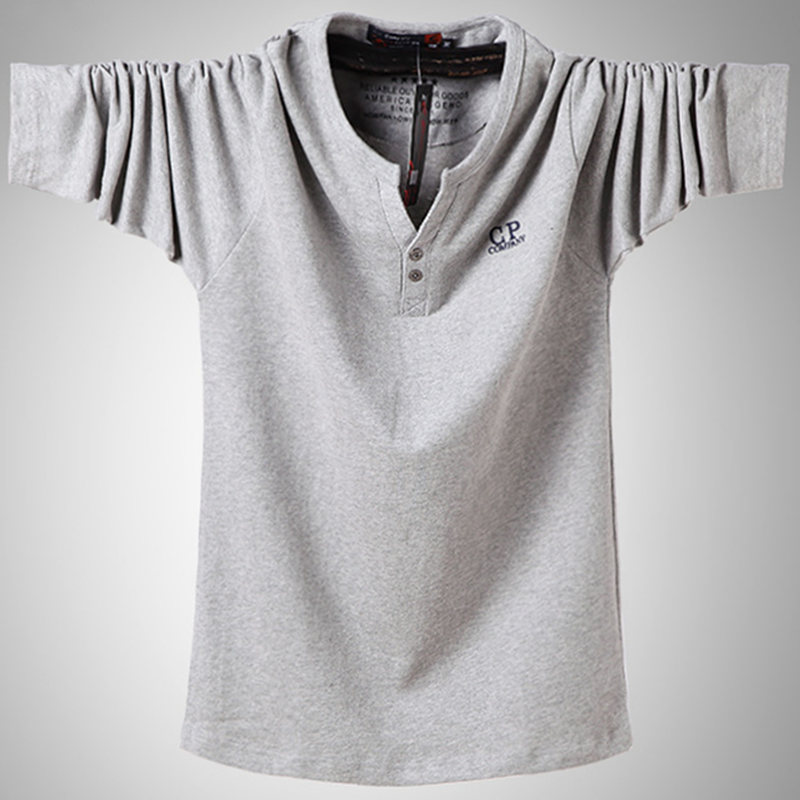 Cộng với chất béo size lớn mùa thu cotton nam cộng với số lượng lớn tay áo dài hở cổ áo sơ mi lỏng lẻo áo thun béo áo thun đen nam