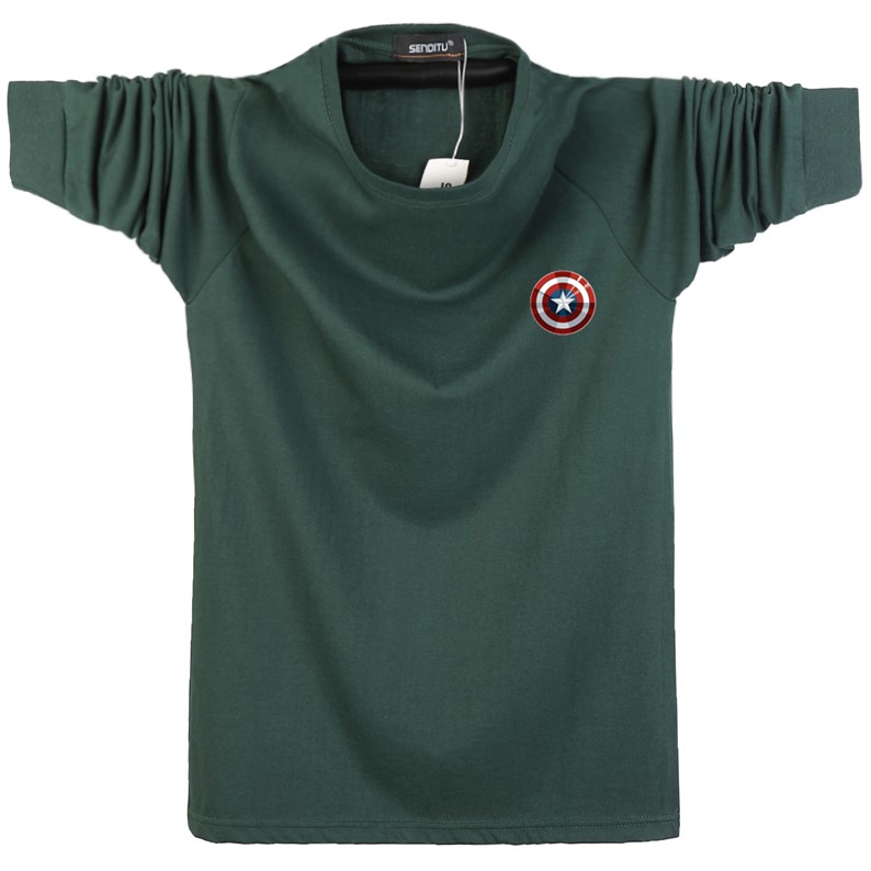 Mùa thu nam cotton dài tay cổ rộng chất béo lỏng áo thun đáy quần cộng với chất béo lớn kích thước rắn màu áo thun nam phong cách thời trang nam