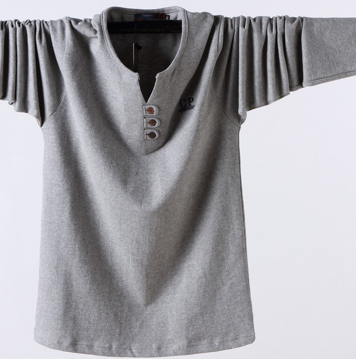 Cộng với chất béo size lớn mùa thu cotton nam cộng với số lượng lớn tay áo dài hở cổ áo sơ mi lỏng lẻo áo thun béo áo thun đen nam