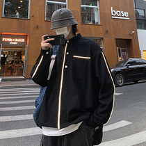 Shirt men long sleeve Japanese Tide brand reflective strip hip hop overcoat early autumn ins trend shirt thin coat