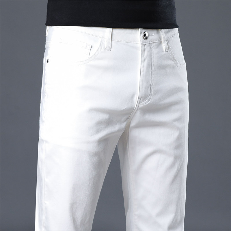 Hong Kong 2026 Spring/Summer High-End White Jeans for Men, Slim Fit, Straight Leg, Stretch, Business Casual, Pure White Long Pants