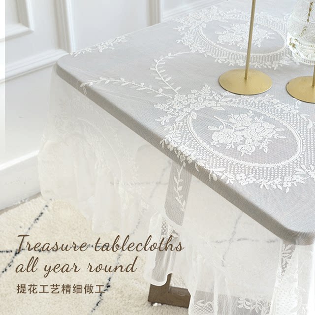 ສີຂາວ lace round tablecloth retro ສີ່ຫລ່ຽມ Nordic ins ແບບເຮືອນ hollow fabric tablecloth ຕາຕະລາງກາເຟ