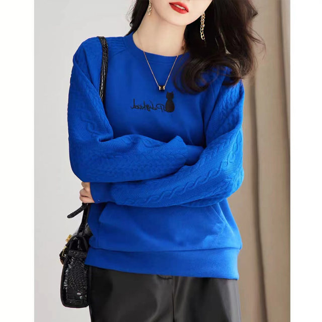 Cutting label French high-end top luxury big-name women's clothing spring and autumn Klein blue fashion stitching round neck pullover sweater