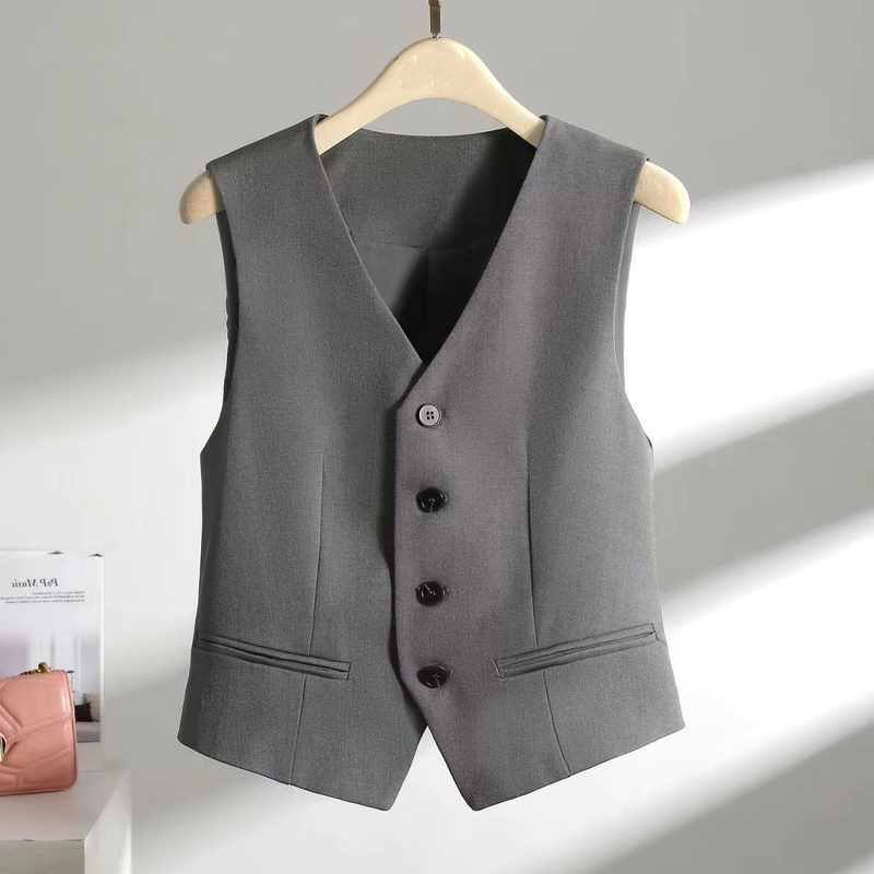 Spring and Autumn Popular High-End Suit-Style Fashion Vest Sleeveless Jacket Gray Short Vest for Women