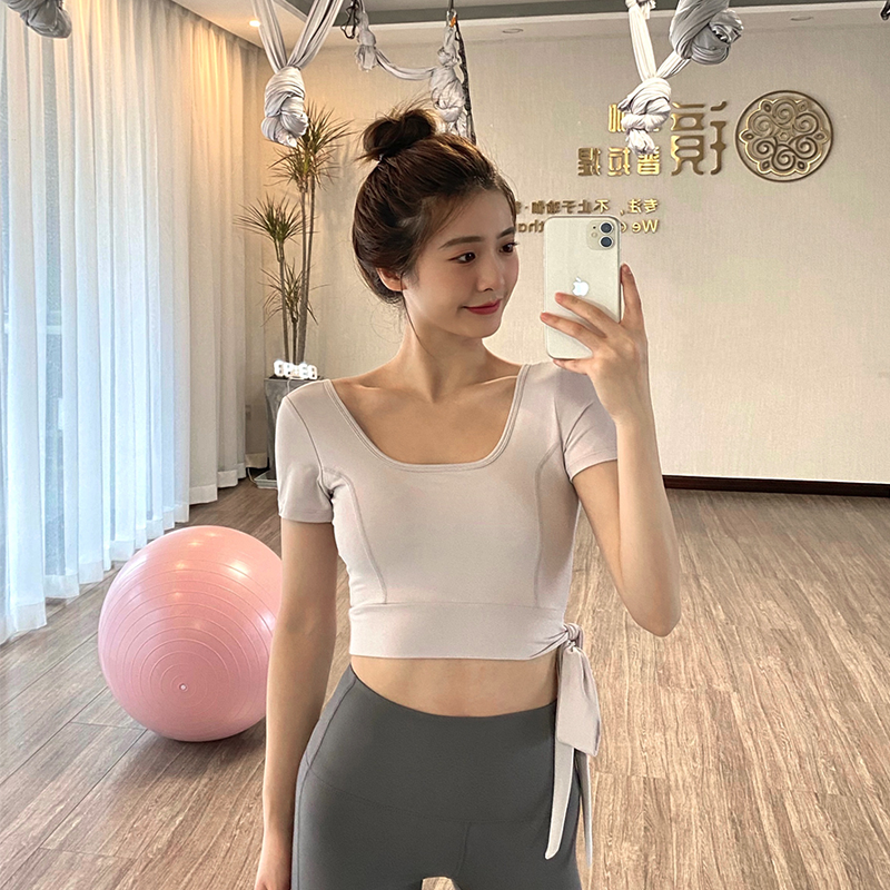 Short sleeve yoga clothes blouse women Summer new with chest cushion lace short version T-shirt sports fitness clothes
