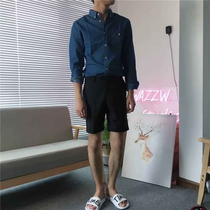 【WAZZW】韩国复古水洗长袖方领牛仔衬衣百搭衬衫男修身牛仔外套