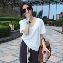 oioi mmlg short sleeve T-shirt female Korean loose 2021 summer new wild v-neck solid color base shirt top